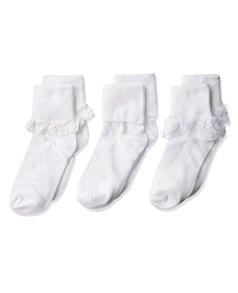 Jefferies Socks Big Girls Eyelet Lace/Turn Cuff/Fancy Lace Girls Socks 3 Pack, White, X-Small - Image 1